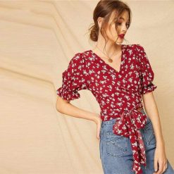 KYKU Store Tops Ditsy Tie Wrap Blouse