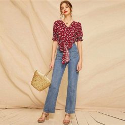 KYKU Store Tops Ditsy Tie Wrap Blouse