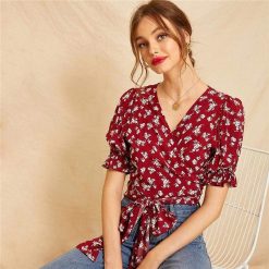 KYKU Store Tops Ditsy Tie Wrap Blouse