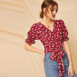KYKU Store Tops Ditsy Tie Wrap Blouse