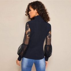 SheIn Official Store Lantern Mesh Blouse Tops