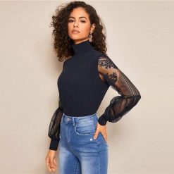 SheIn Official Store Lantern Mesh Blouse Tops