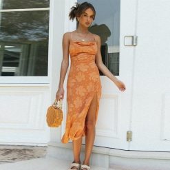 Boho Chic Clothing FLORAL HIGH SPLIT MIDI DRESS Casual