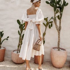Boho Chic Clothing Casual SQUARE NECK RUFFLE MIDI DRESS