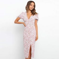 Boho Chic Clothing FLORAL DEEP V NECK MIDI DRESS Casual