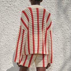 Boho Chic Clothing STRIPED HOLLOW KNITTED CARDIGAN Sweaters