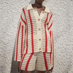 Boho Chic Clothing STRIPED HOLLOW KNITTED CARDIGAN Sweaters 4 Boho Chic Clothing STRIPED HOLLOW KNITTED CARDIGAN Sweaters